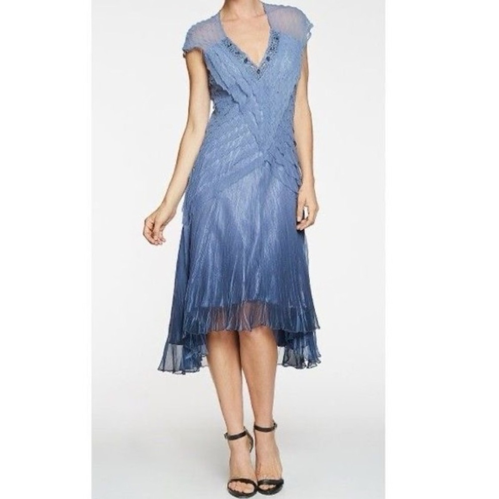 KOMAROV BLACK by Komarov Chiffon Bias Embellished Midi Dress in Blue Sz. Medium