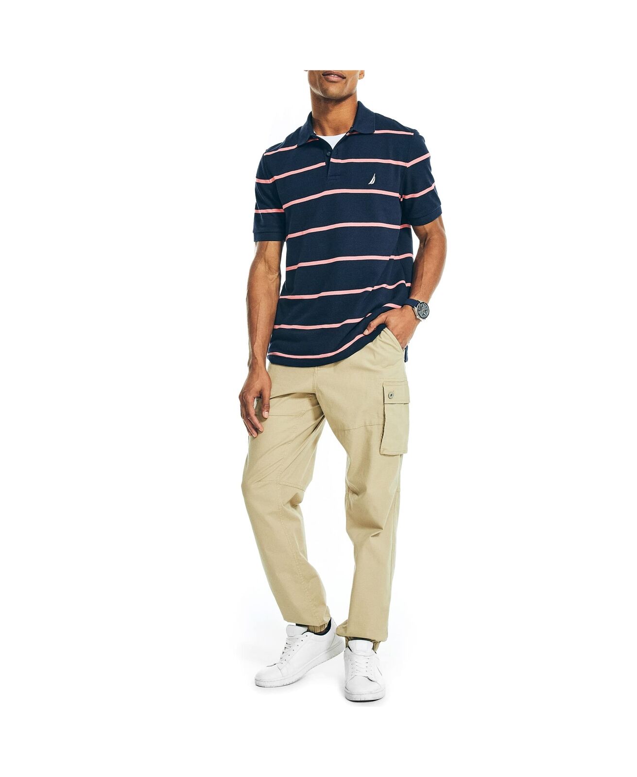 Nautica Men's Classic Fit Striped Performance Deck Polo,Navy,L