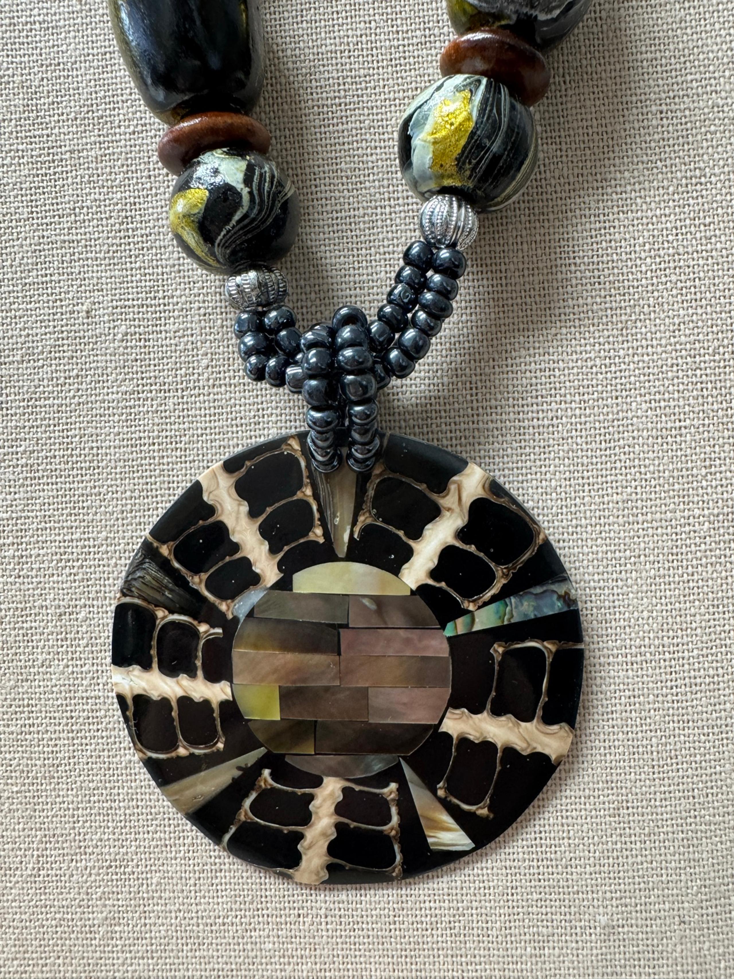 Vintage Coral Sunrise black coral and abalone mosaic necklace