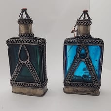 Vintage pair of Moroccan Perfume Bottle, Cobalt Blue & green Glass Silver Plated