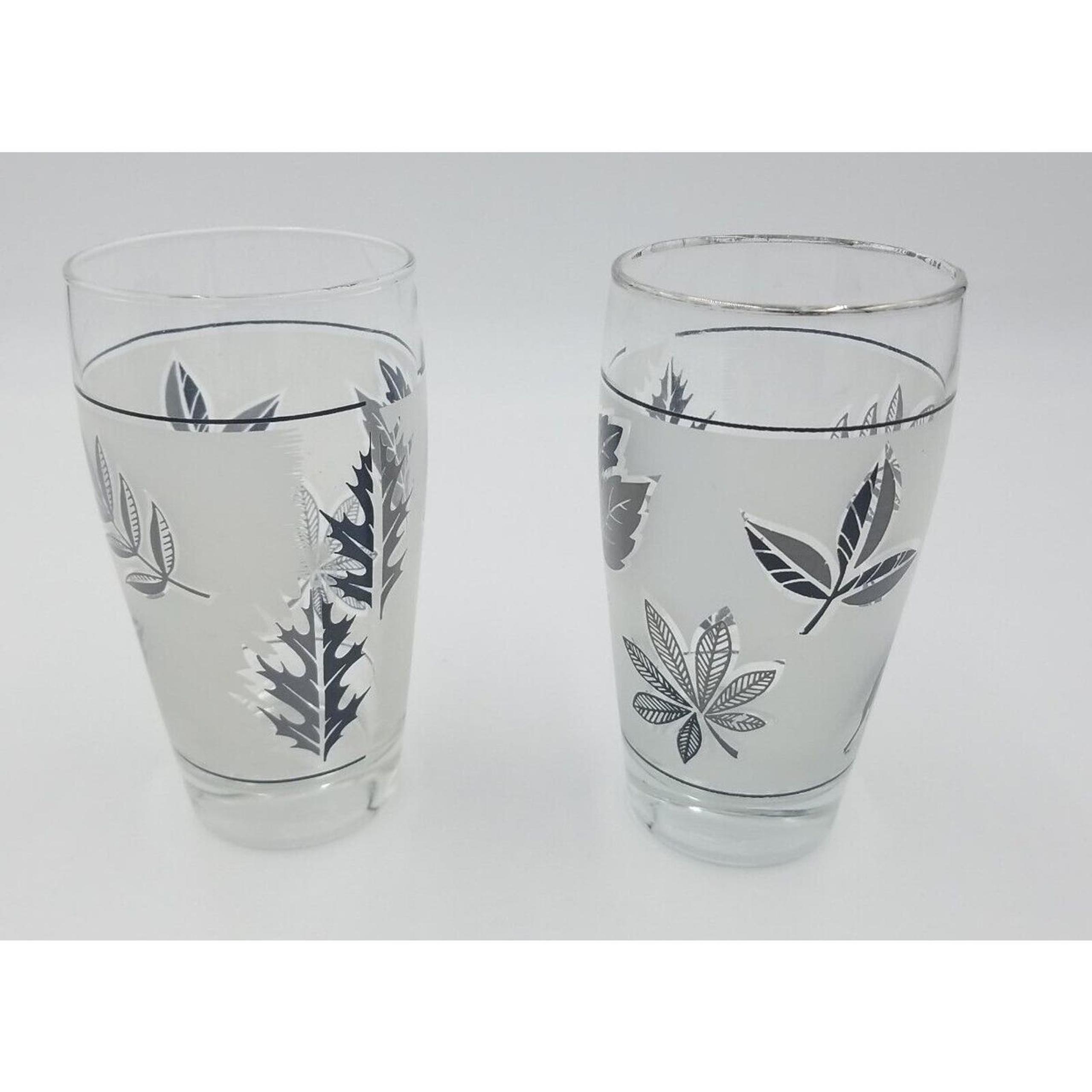 Set of 2 Vintage Libby Libbey Frosted Silver Leaf 10 oz Glasses Glassware MCM