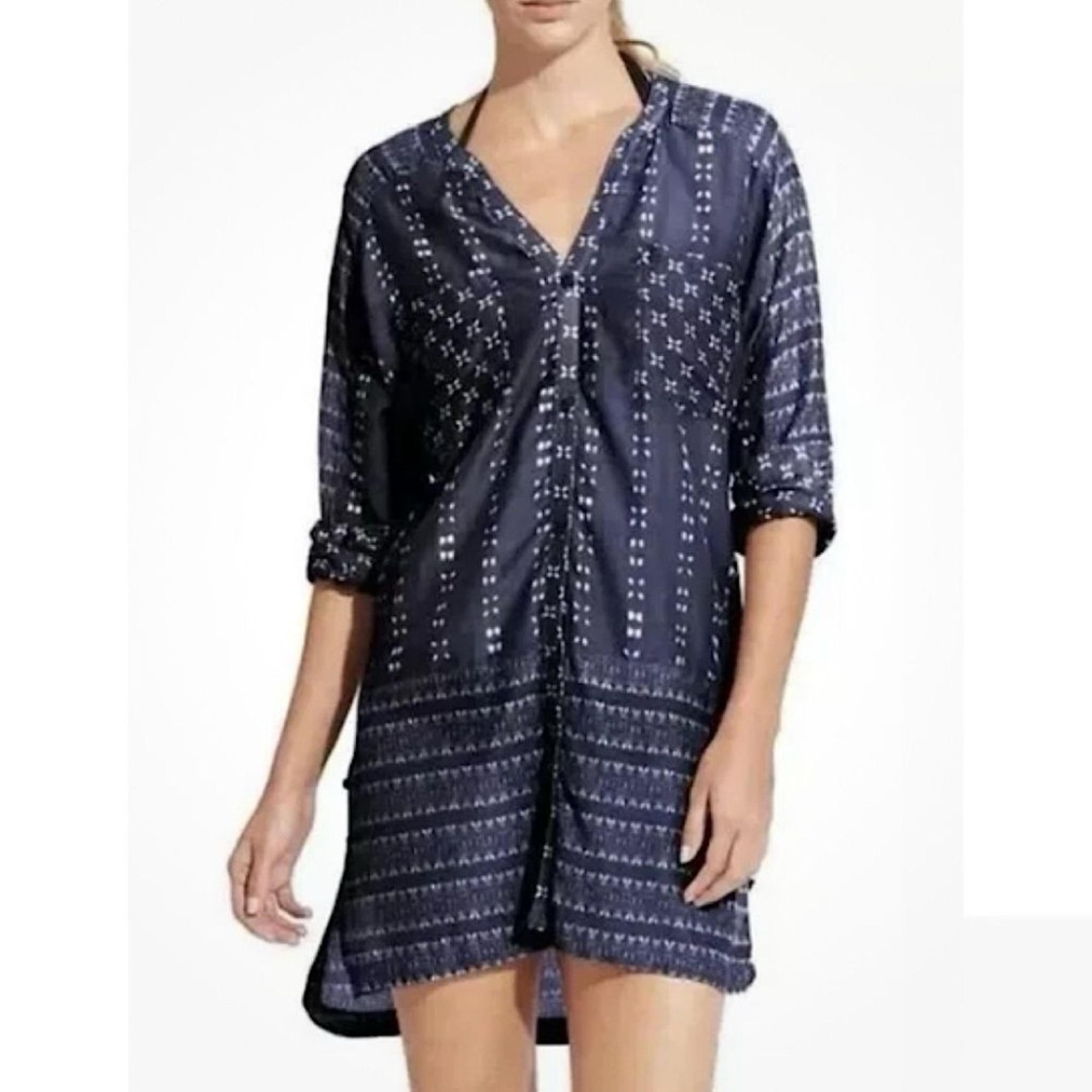 Athleta Ikat Silk Blend Indigo Dyed Swim Cover Up M Blue Button Up Shirt Boho