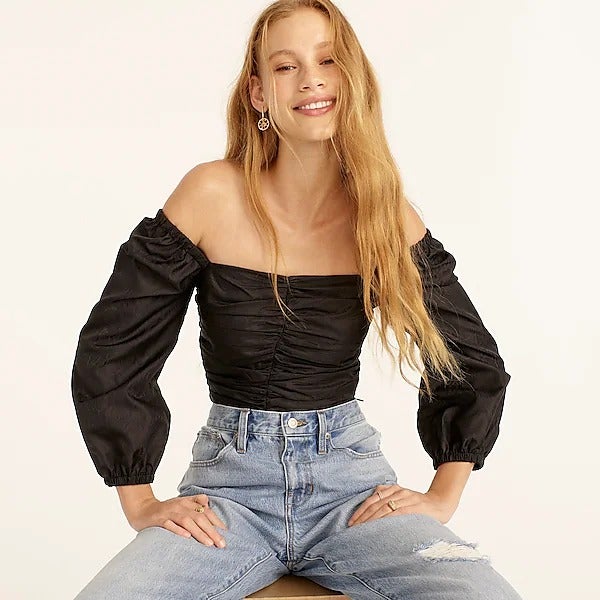 J. Crew Ruched puff-sleeve cropped top Black 12