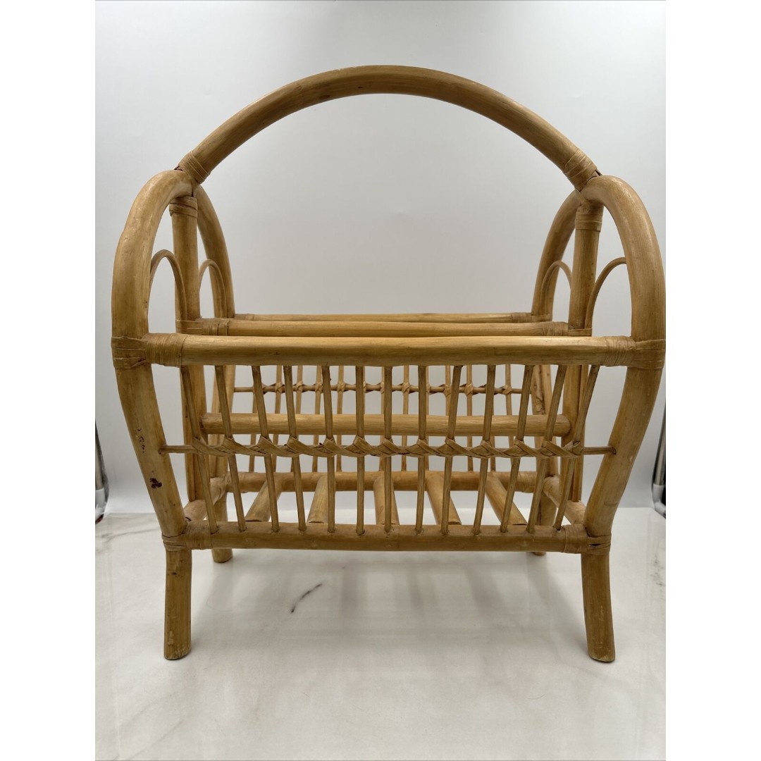 VTG Bamboo Rattan Magazine Rack Mid Century Stand Boho Indie