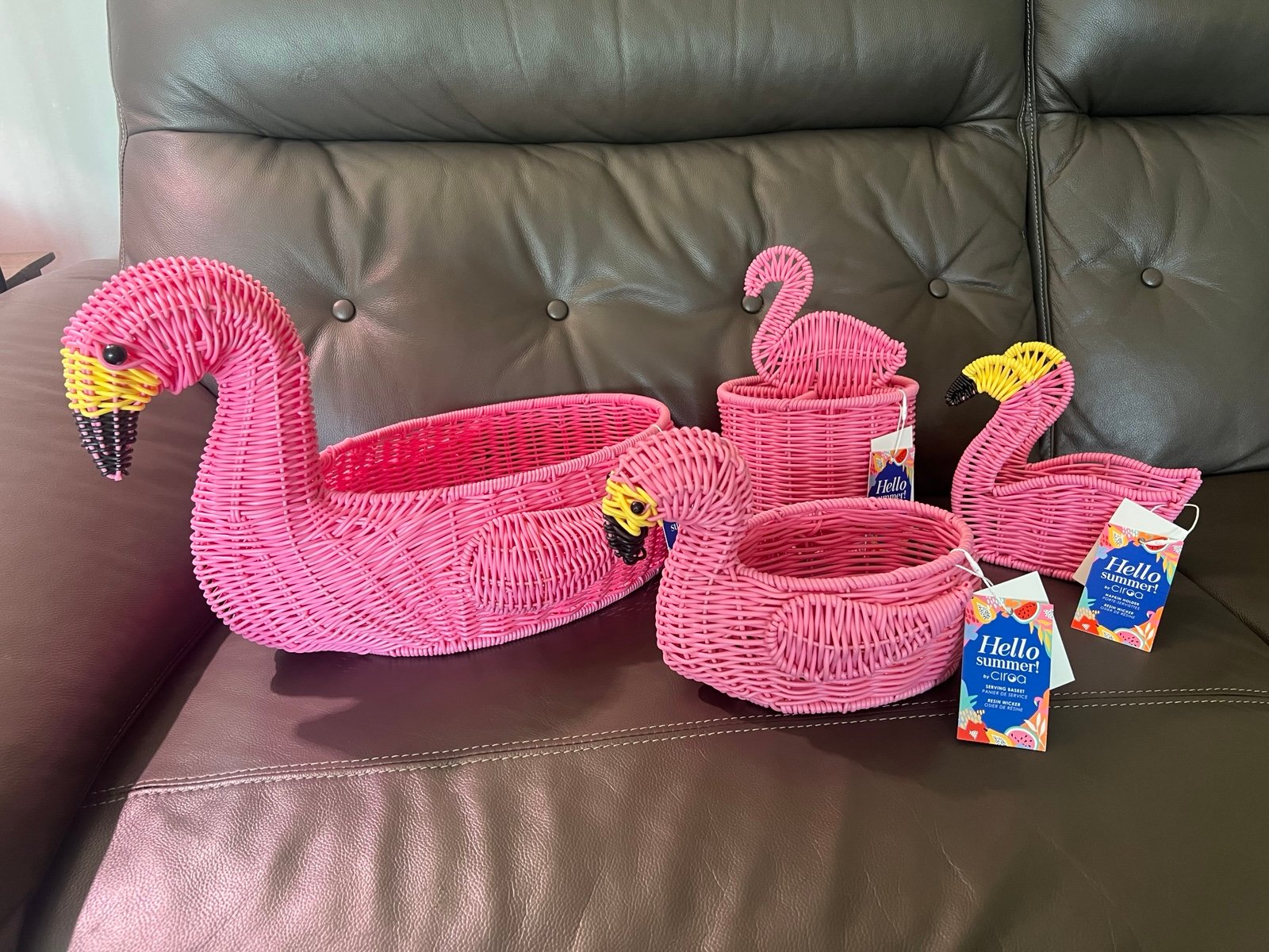 Ciroa Hello Summer Pink Flamingo Wicker 4 Piece Set Serving Basket Napkin Holder