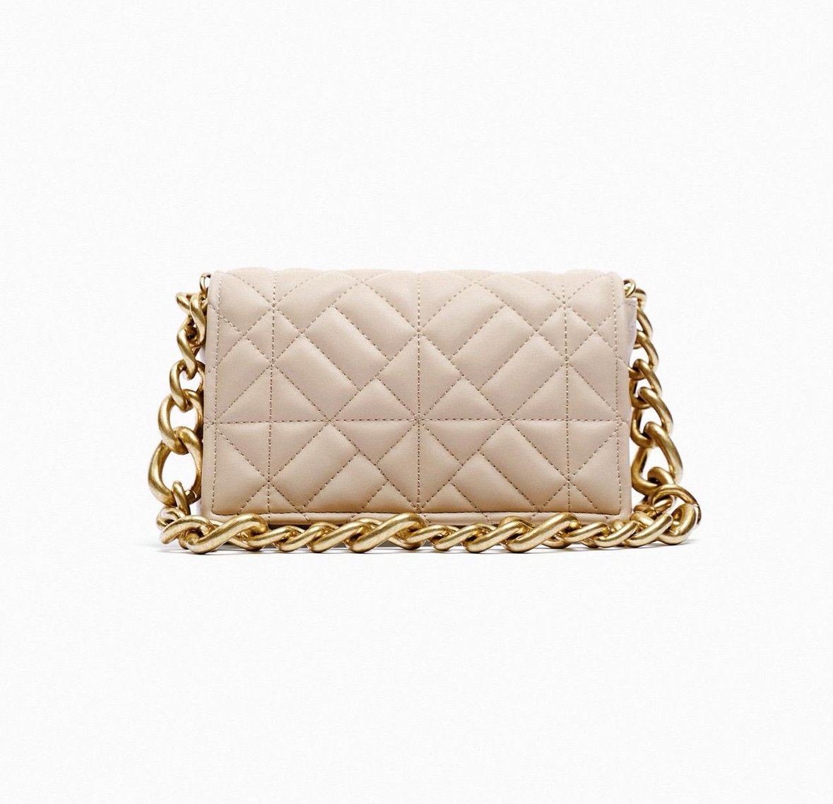 ZARA Quilted Cream Tan Chunky Gold Chain Handbag