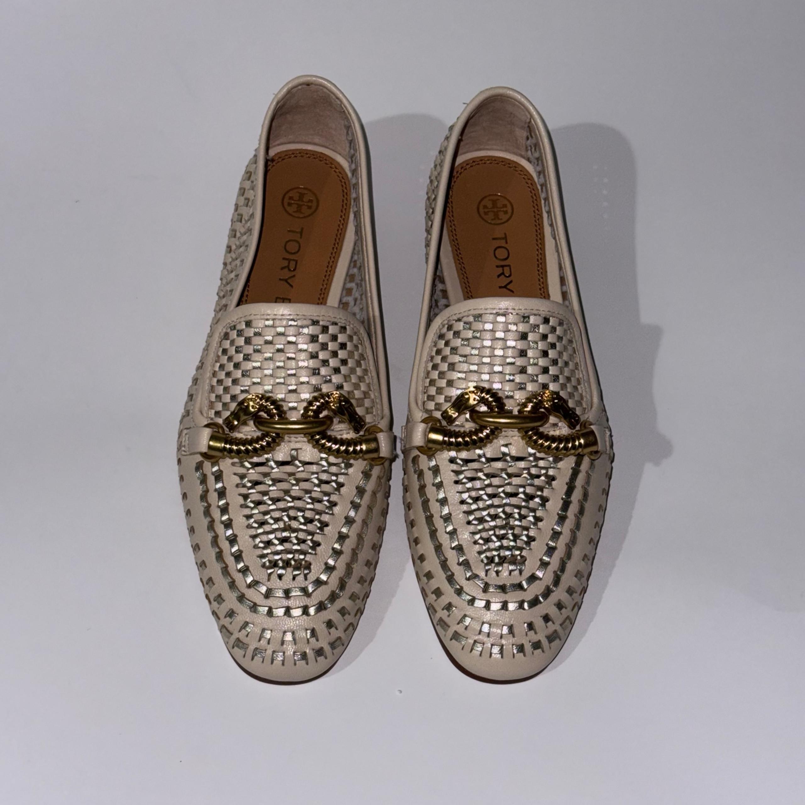 TORY BURCH JESSA WOVEN LOAFER LEATHER Flats Beige Gold Women’s Size 5.5