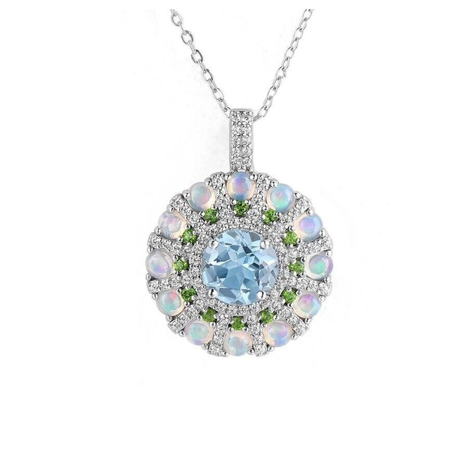 Natural Sky Blue Topaz and Fire Opal Pendant Necklace, Opal and Topaz 3.8CT