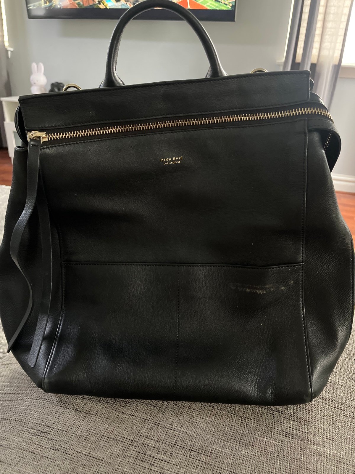 Mina Baie Harper Black Leather Full Size DiaperBag Backpack
