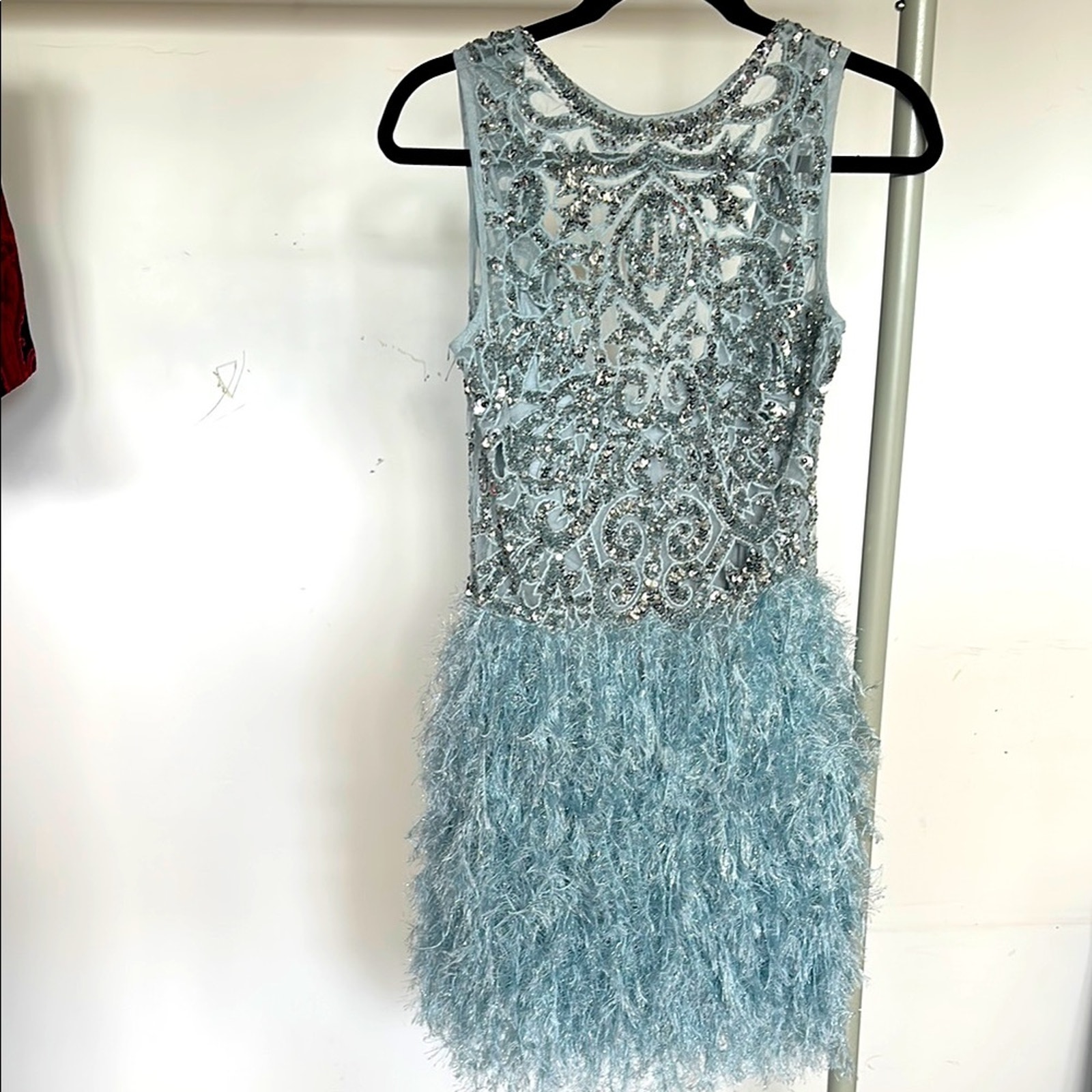 Asos edition Blue Sequin and Feather mini Dress; size 2