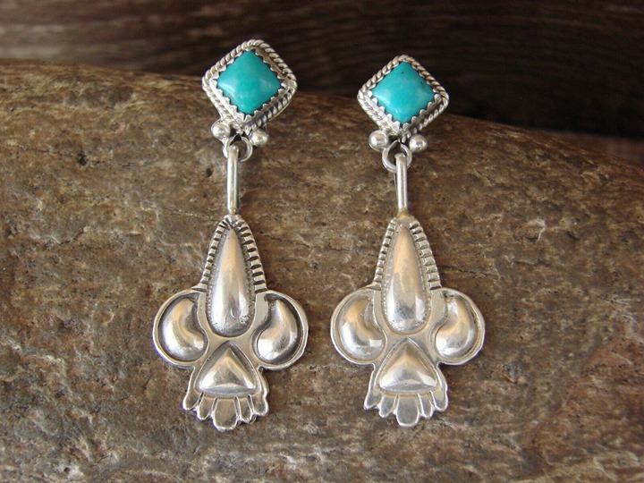 Navajo Indian Hand Stamped Sterling Silver Turquoise Post Earrings
