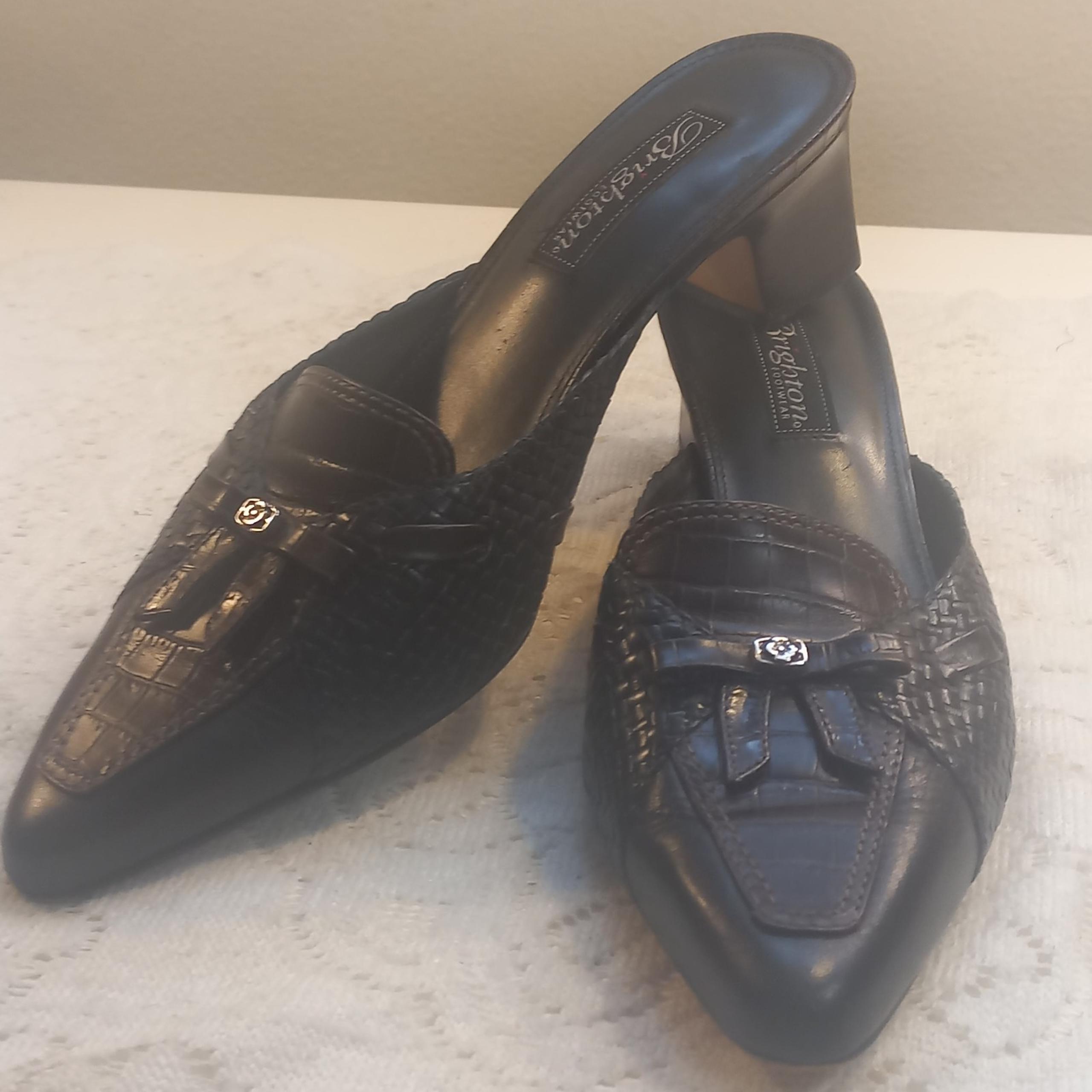 Brighton Kristy Size 8.5 M Chocolate Black Bow Croc Leather Slip On Heeled Mules