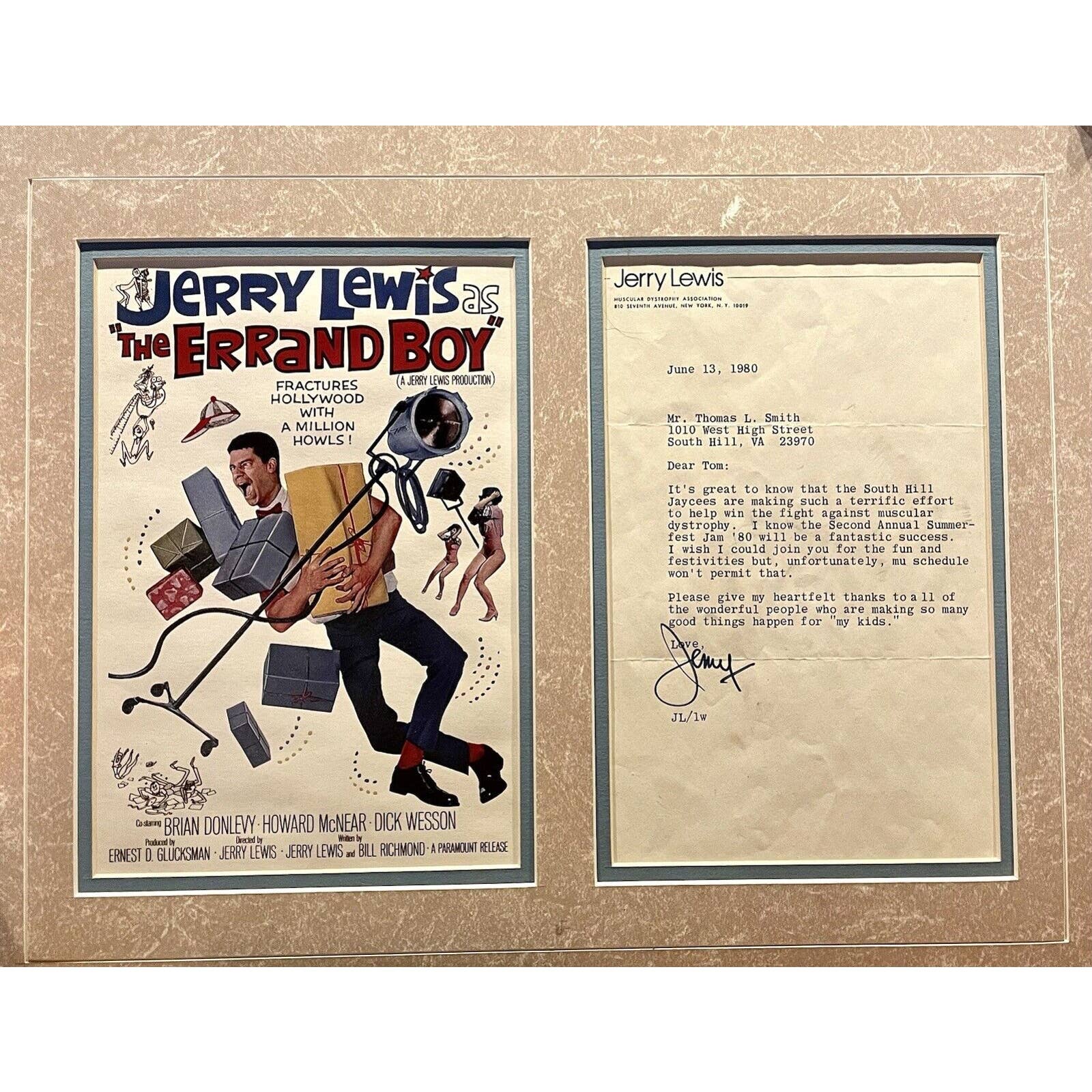 Sighed 1980 Jerry Lewis Signd Letter and Movie Poster from “The Errand Boy”