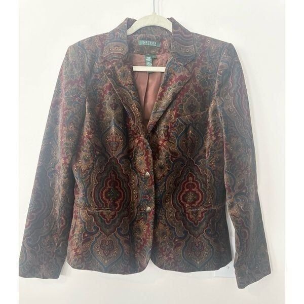 Vintage 90s Ralph Lauren Paisley Printed Velvet Damask Blazer Jacket L