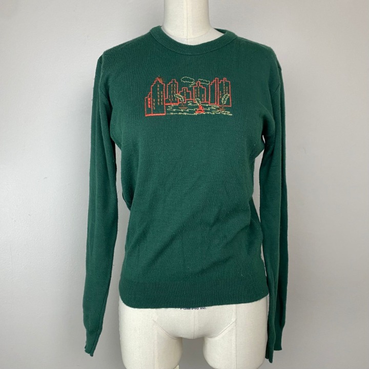 Vintage 1970s City Skyline Embroidered Sweater, NYC, Sears Put On Shop, Small
