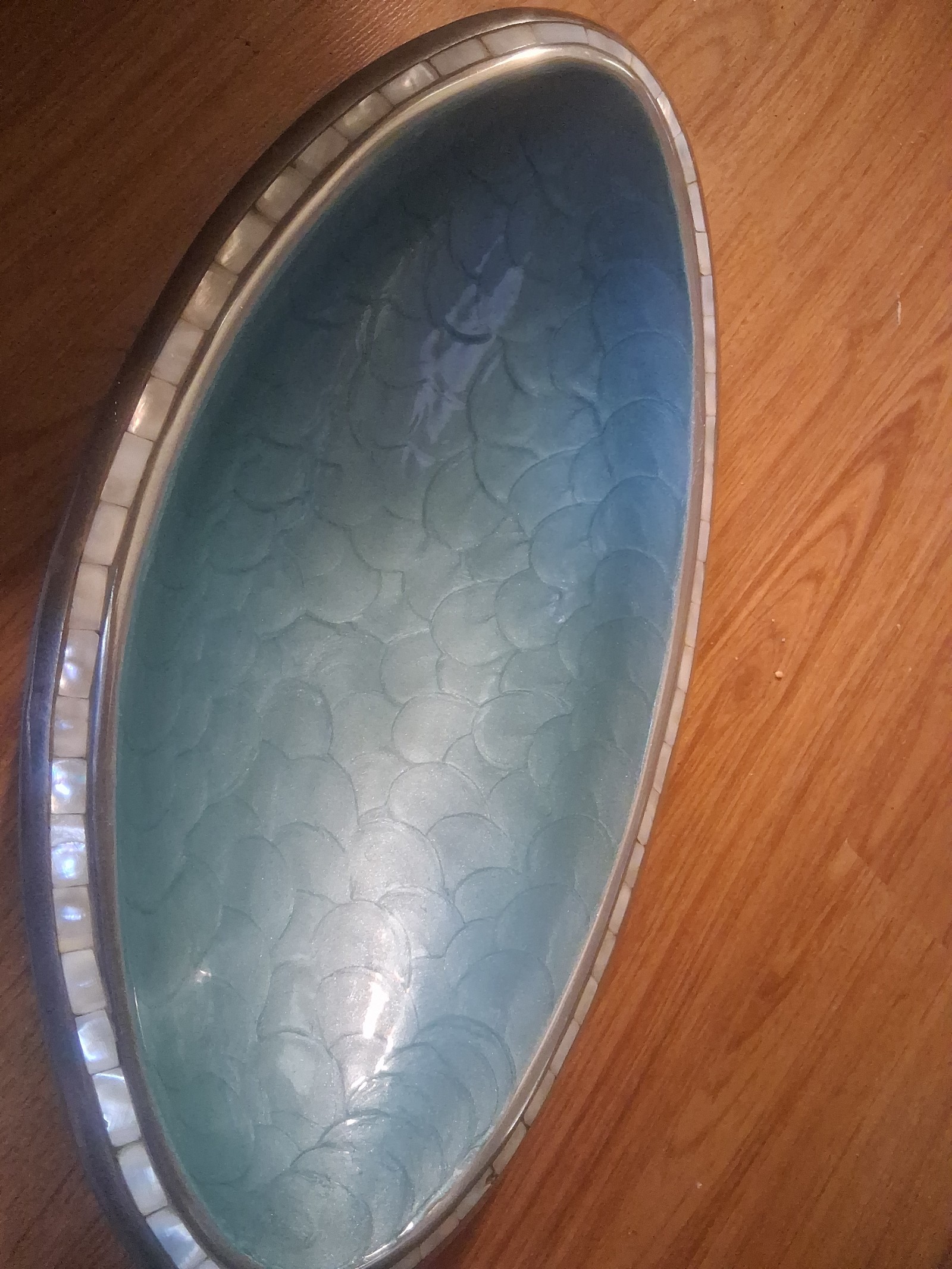 Vintage enamel and mother of pearl bowl decor signed Julia knight