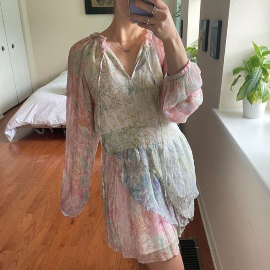 LoveShackFancy Floral V-Neck Long Sleeve Layered Mini Dress Size 4