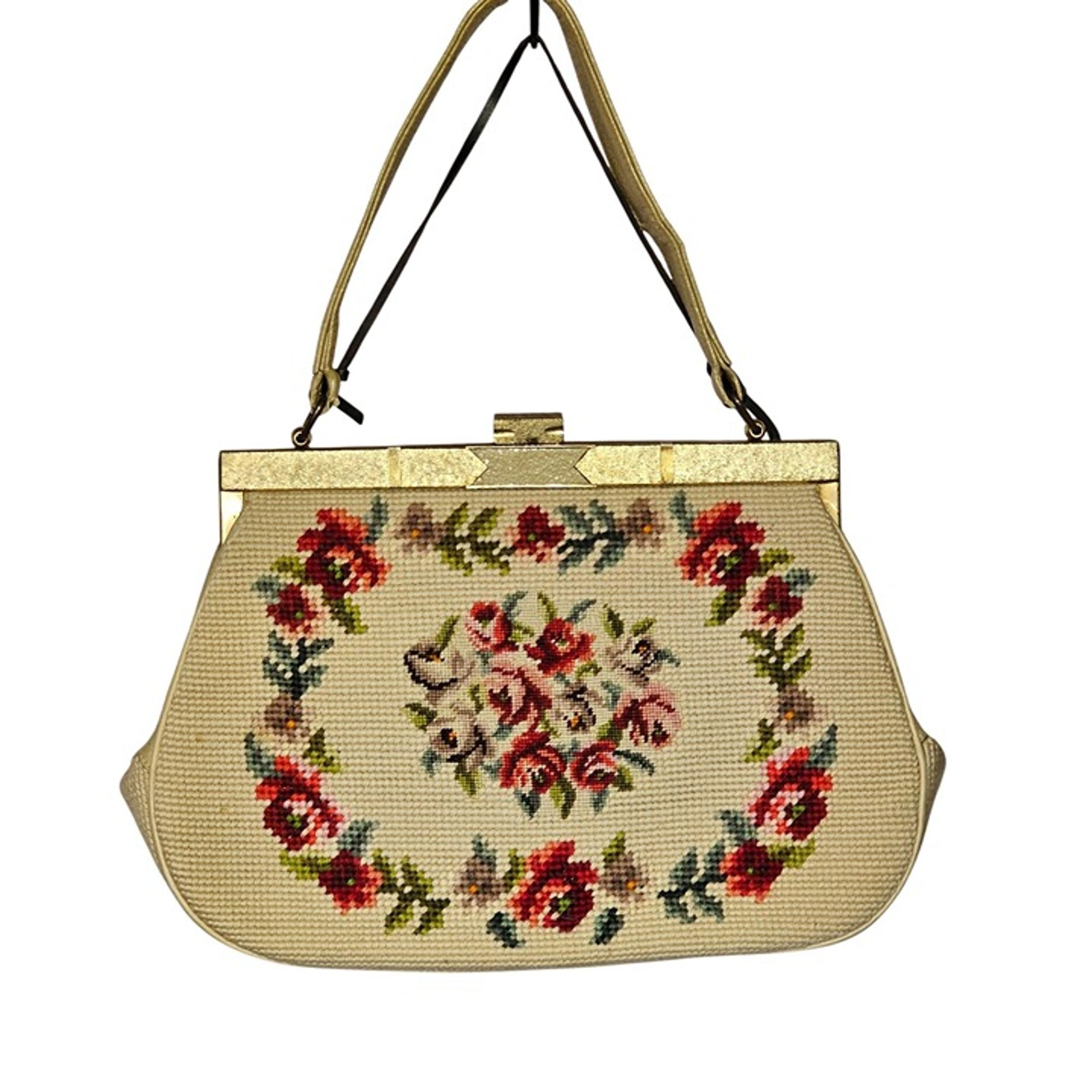 Vintage Floral Needlepoint Handbag Metal Frame Elegant Unique Granny 1960s