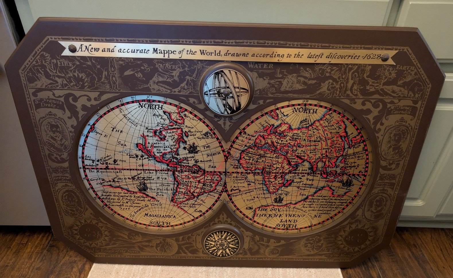 Masketeers Vintage 1964 Large Brass Wood Map Of The World In 1628