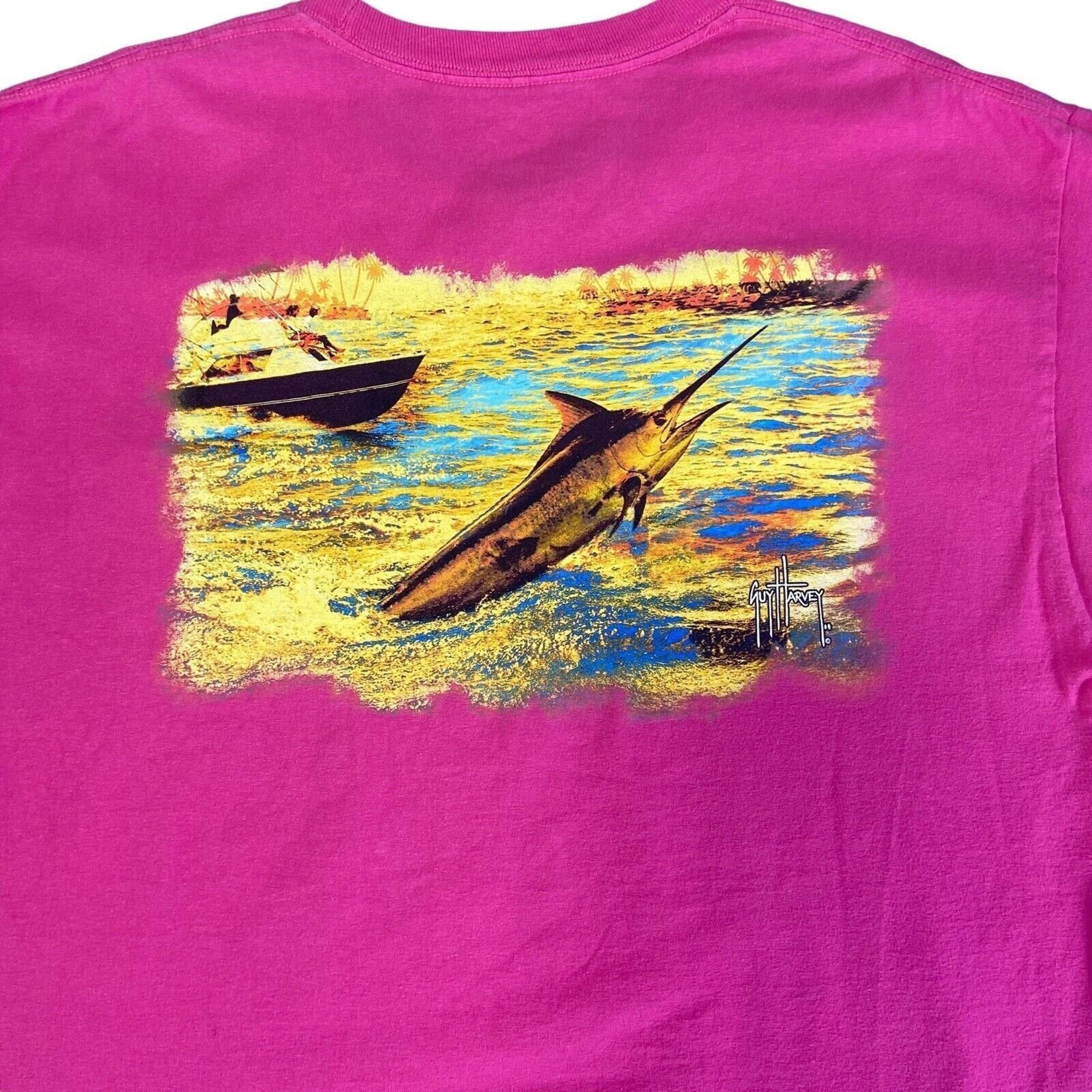 Guy Harvey Blue Water Pink T Shirt Size Large Salt Water Fishing Outdoors Pocket