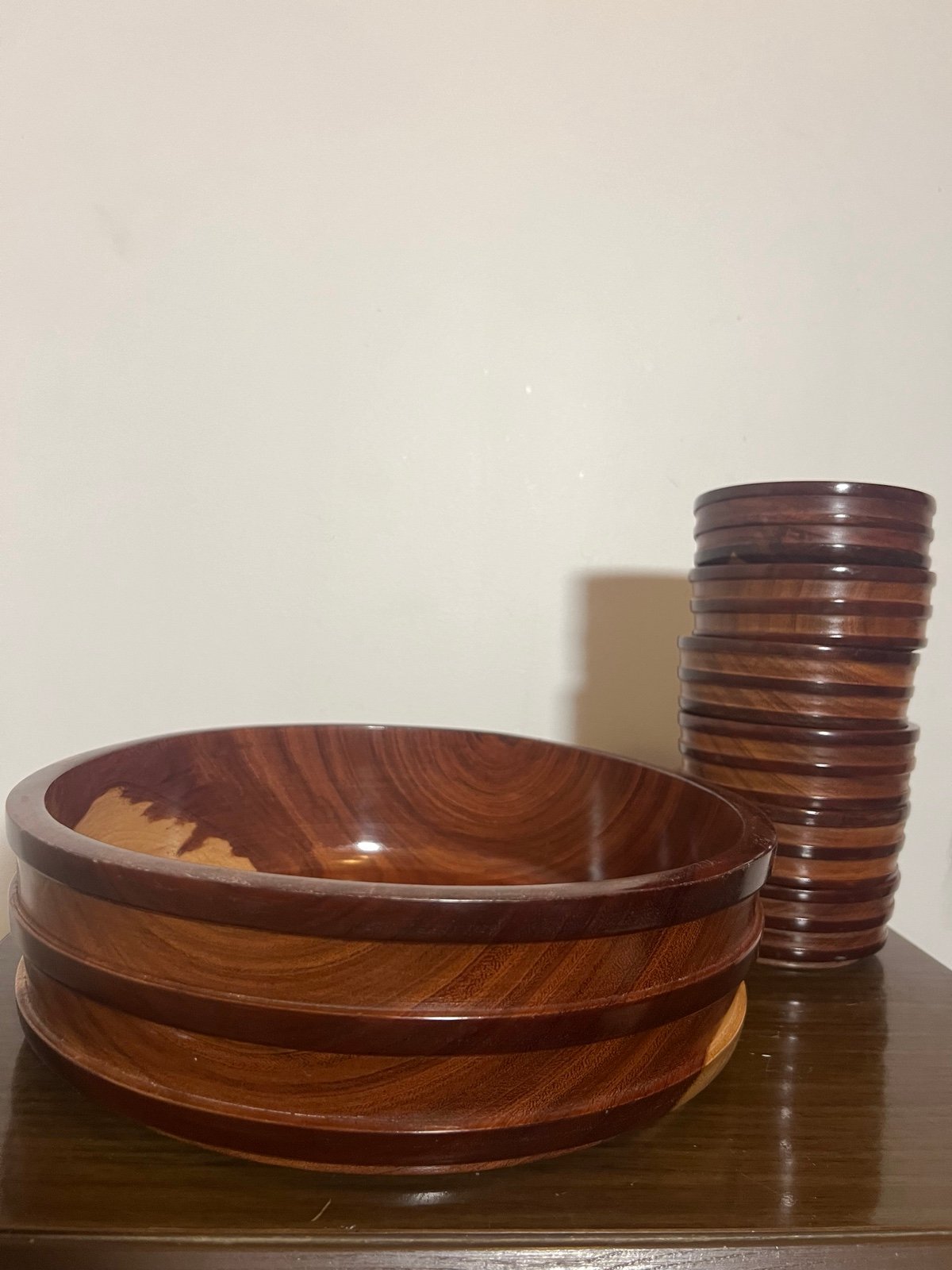 MCM vintage large wooden serving bowl salad fruit 6 small bowls