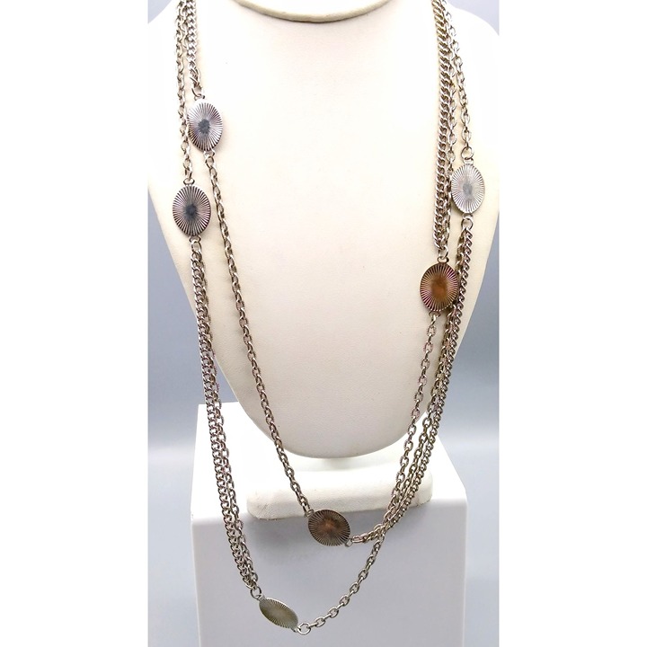 Long Retro Chain Necklace with Funky Starburst Oval Stations, Vintage Silver