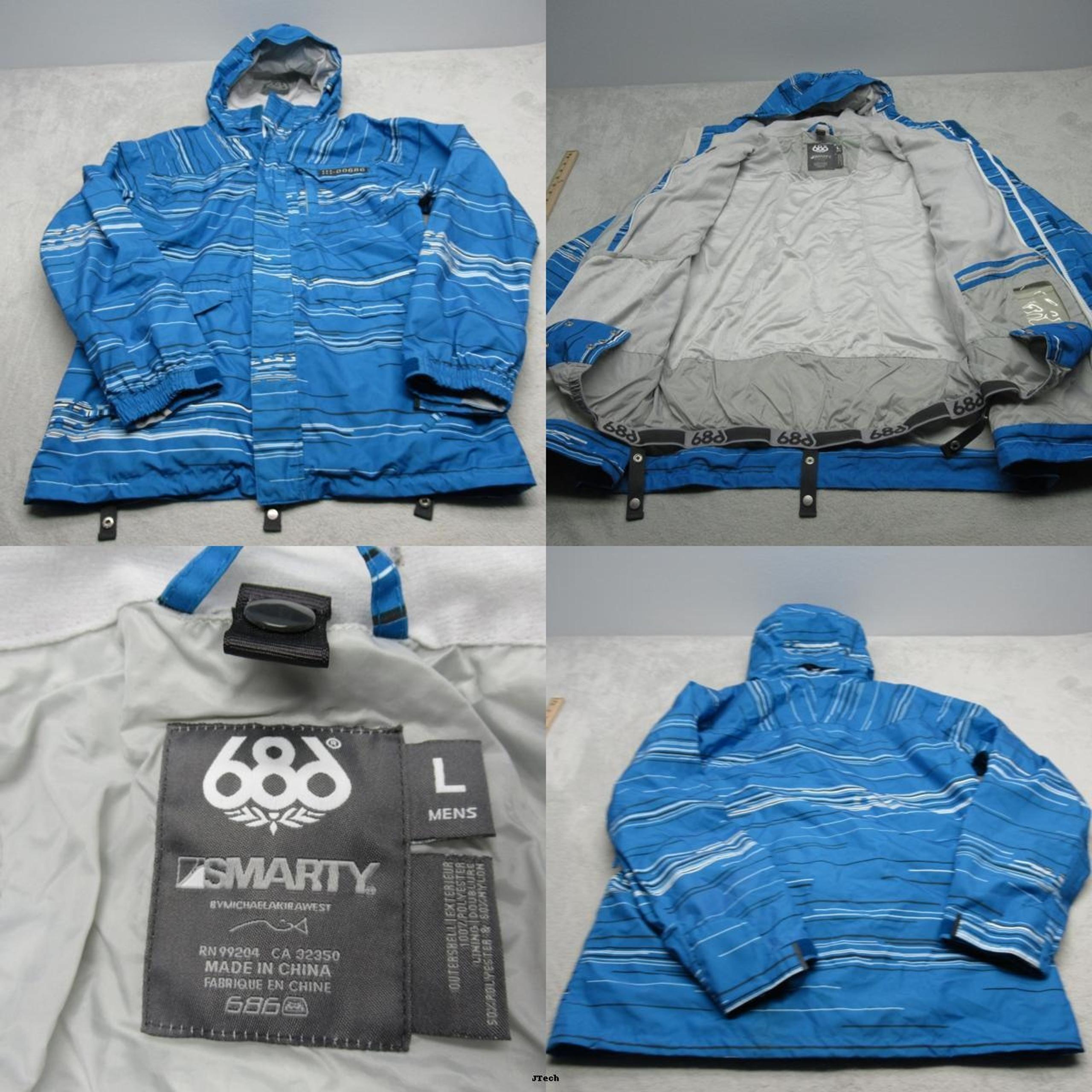 686 Smarty Ski Jacket Men Large Baby Blue Striped Pocket Hood Full Zip Snowboard