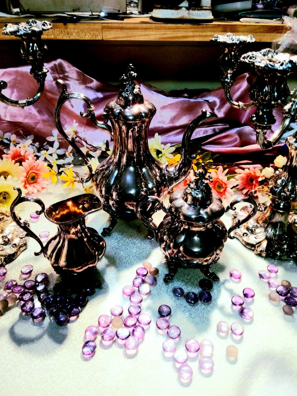 Silver Plate tea set with candle operas