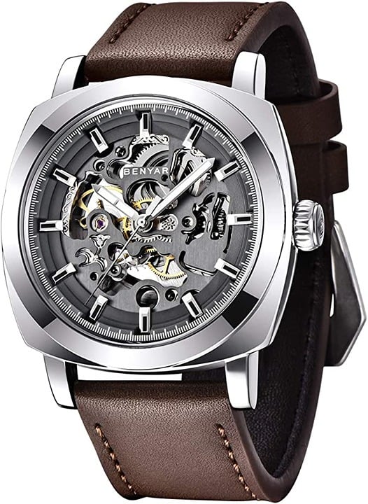 Benyar Automatic Watches for Men | Skeleton Mechanical Leather Strap Mens Watch