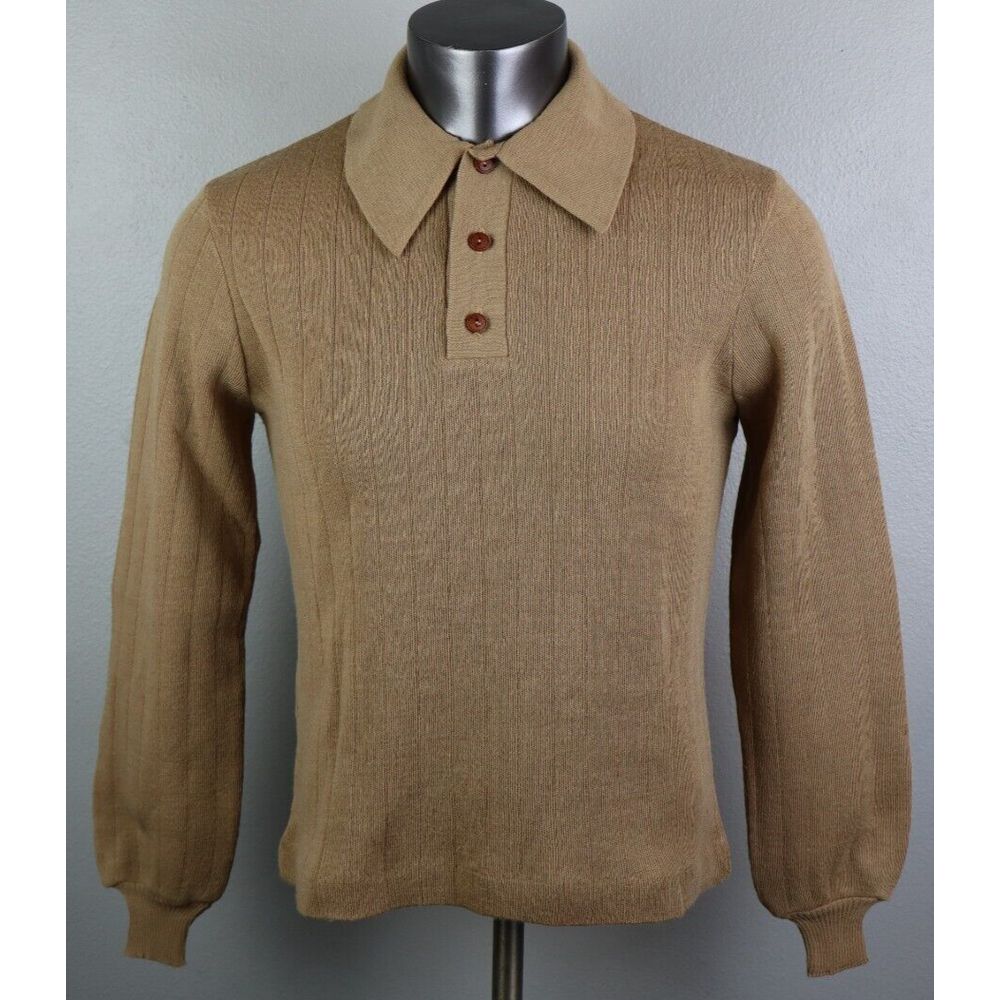 True Vintage Columbia Knit Thunderbird Brown Polo Sweater Size L Wool 60s 70s