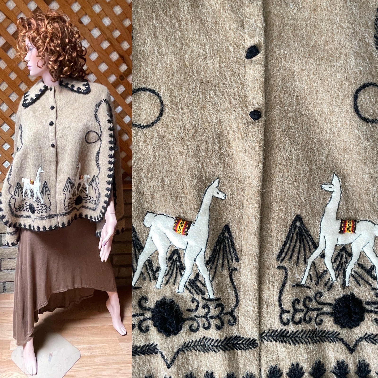 VINTAGE 50s Peruvian ALPACA Embroidered Wool Poncho CAPE Jacket One Size As-Is