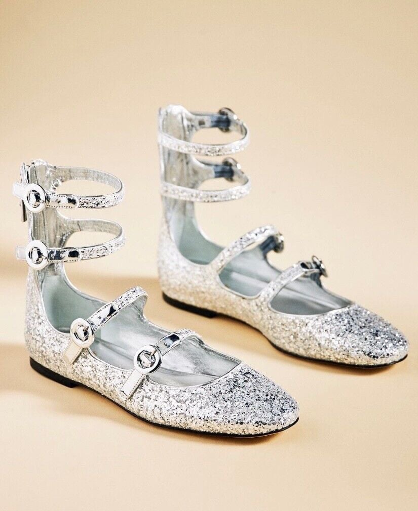 Anthropologie Larroude Alexa Flats 4 Buckle Ballet Silver Glitter Size 11 NWOT