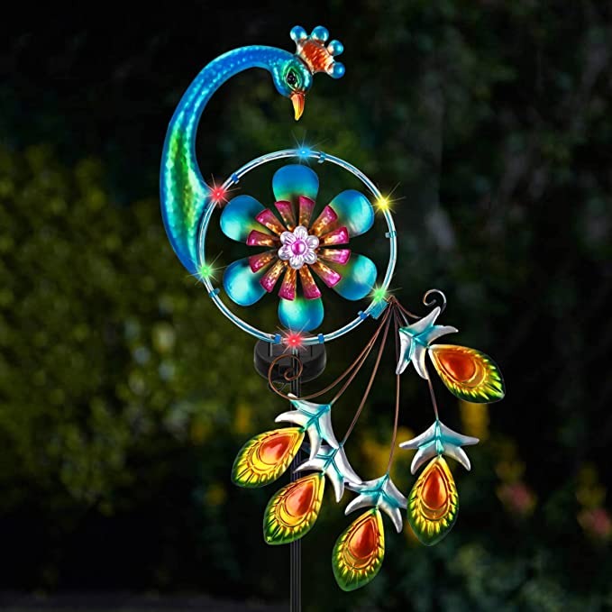 Solar Wind Spinner Peacock Outdoor Metal Stake, 12 Multi-Color Blinking LEDs