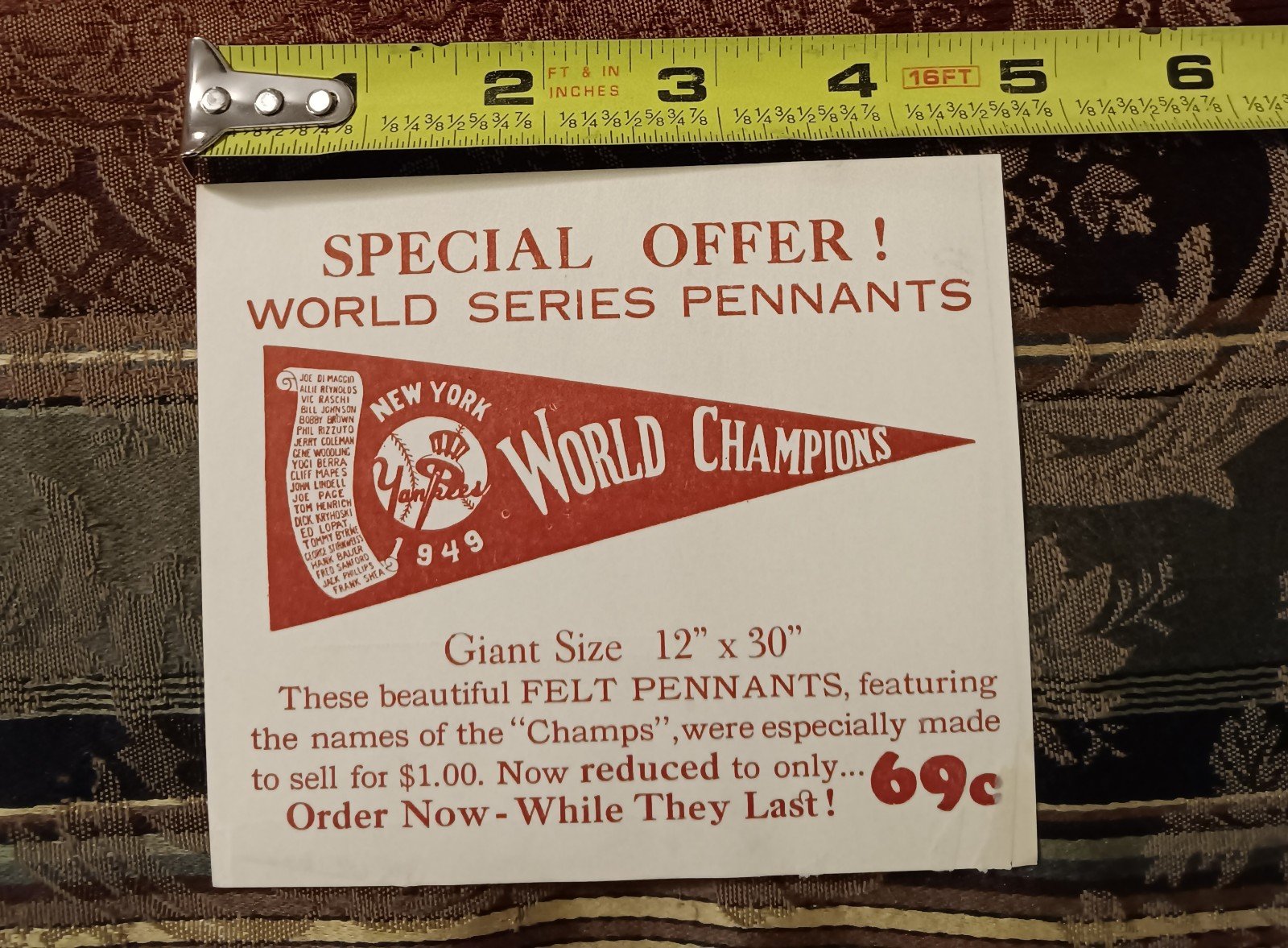 1949 New York Yankees Scroll Pennant 11×30 World Champions Order Form Vg Cond.