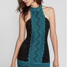 FREE PEOPLE NWT Small ~ Teal & Black Lace NATASHA Bodycon High Neck Dress (m84)