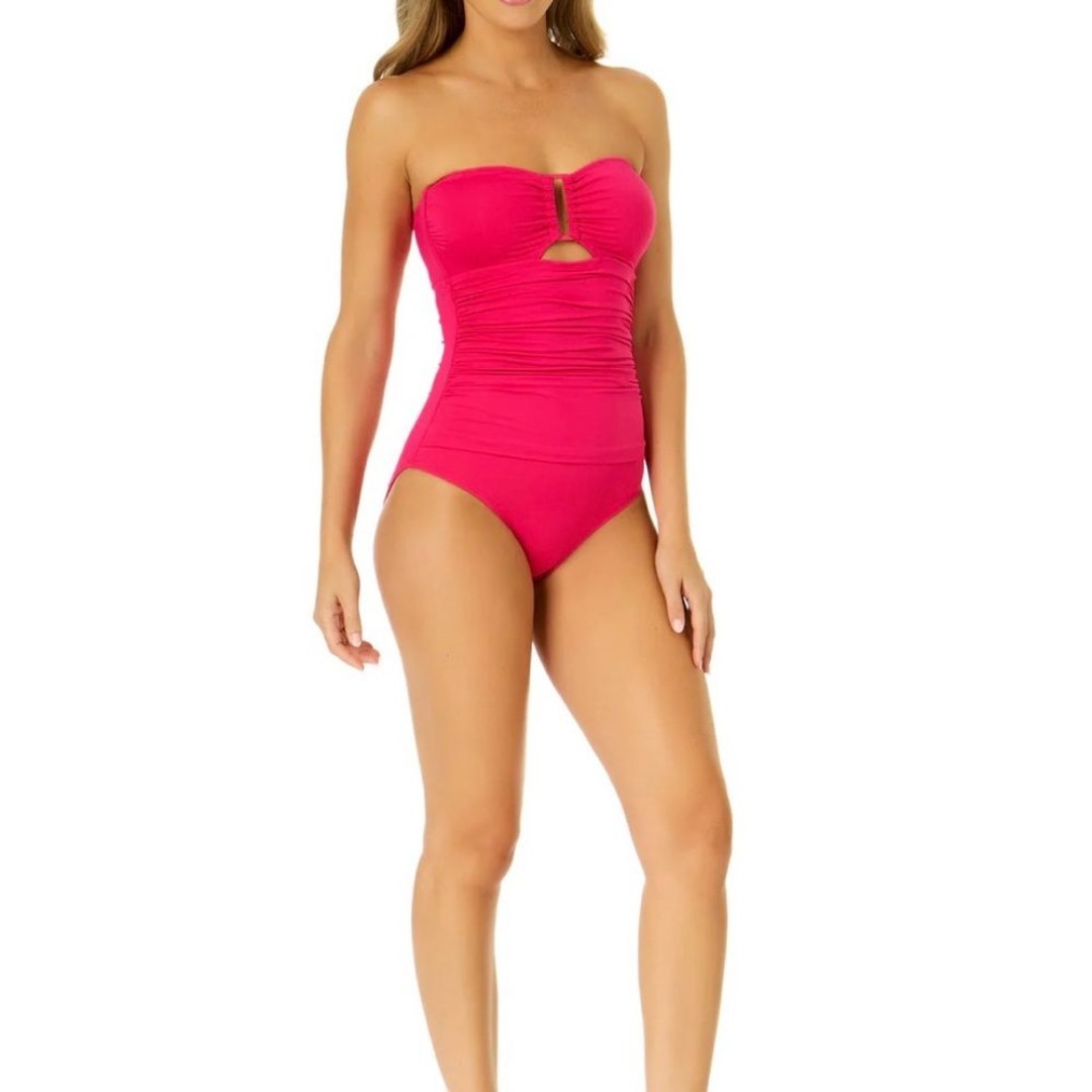Anne Colle Live In Color Strapless Bandeau Keyhole Shirred One Piece Swimsuit