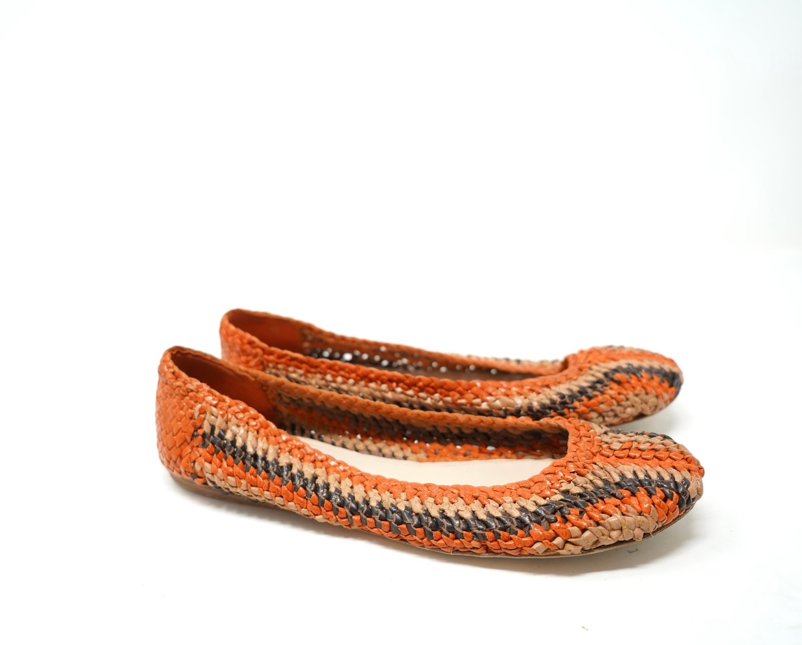 Prada Tan Oranges Brown Woven Corded Leather Ballet Flat Slippers Size 38 7.5