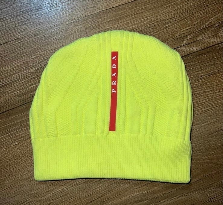 Authentic Kids Teens unisex SZ L Prada bright neon beanie hat red stripe logo