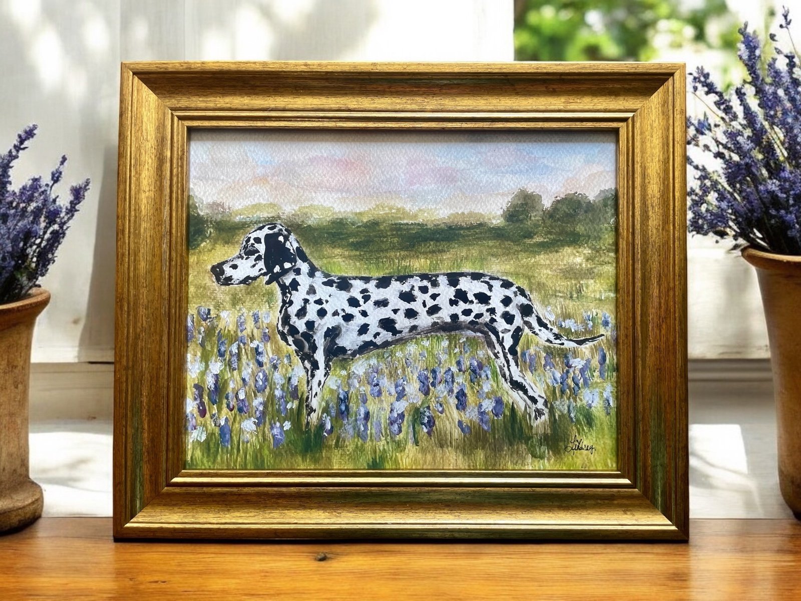 Dalmatian blue bonnet landscape print framed by artist, framed
