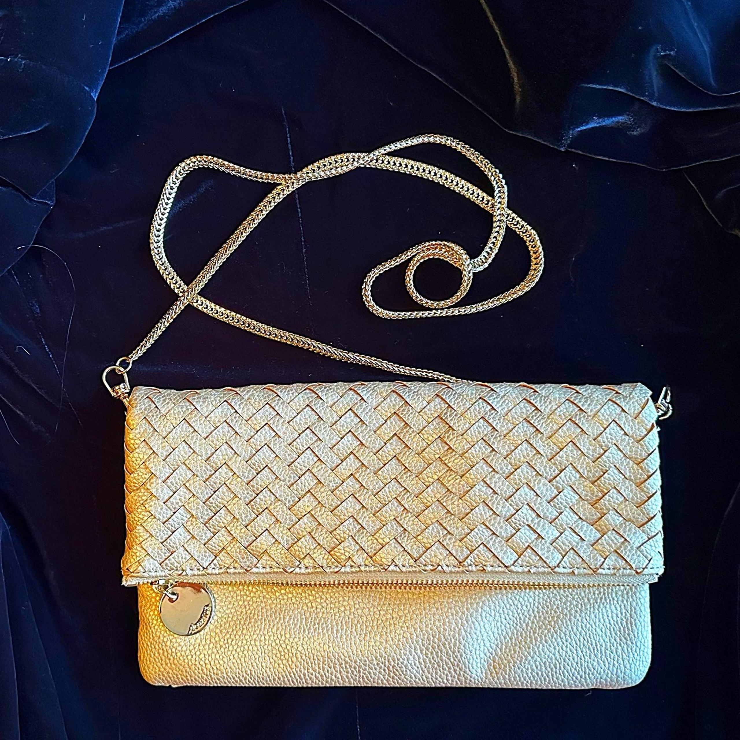 Deux Lux Foldover Clutch Crossbody GOLD w 23” drop chain metal strap