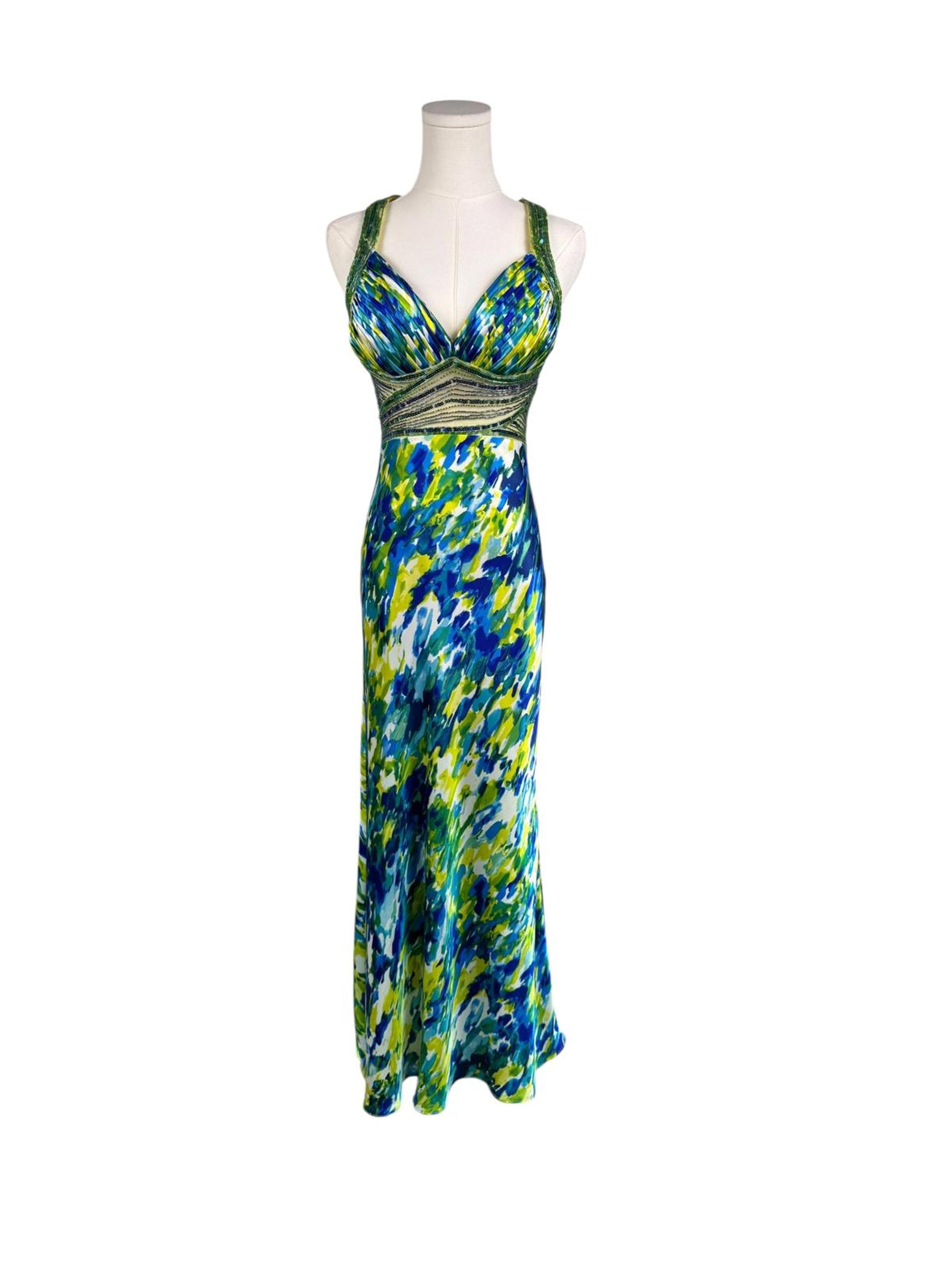 Y2K Vintage Blue Green Print Beaded Fairy Mermaid Whimsical Formal Dress