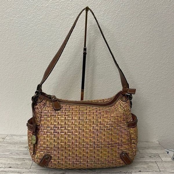 Fossil Vintage Straw and Leather Shoulder Bag