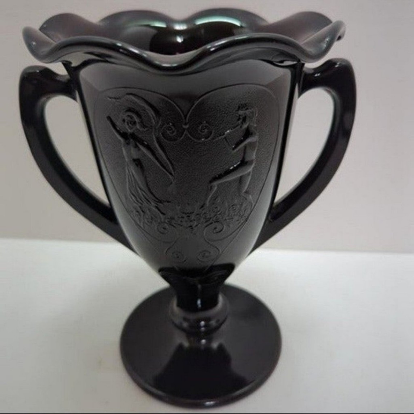 VTG 1930's LE Smith Black Glass Trophy Vase Loving Cup Dancing Nymphs Halloween