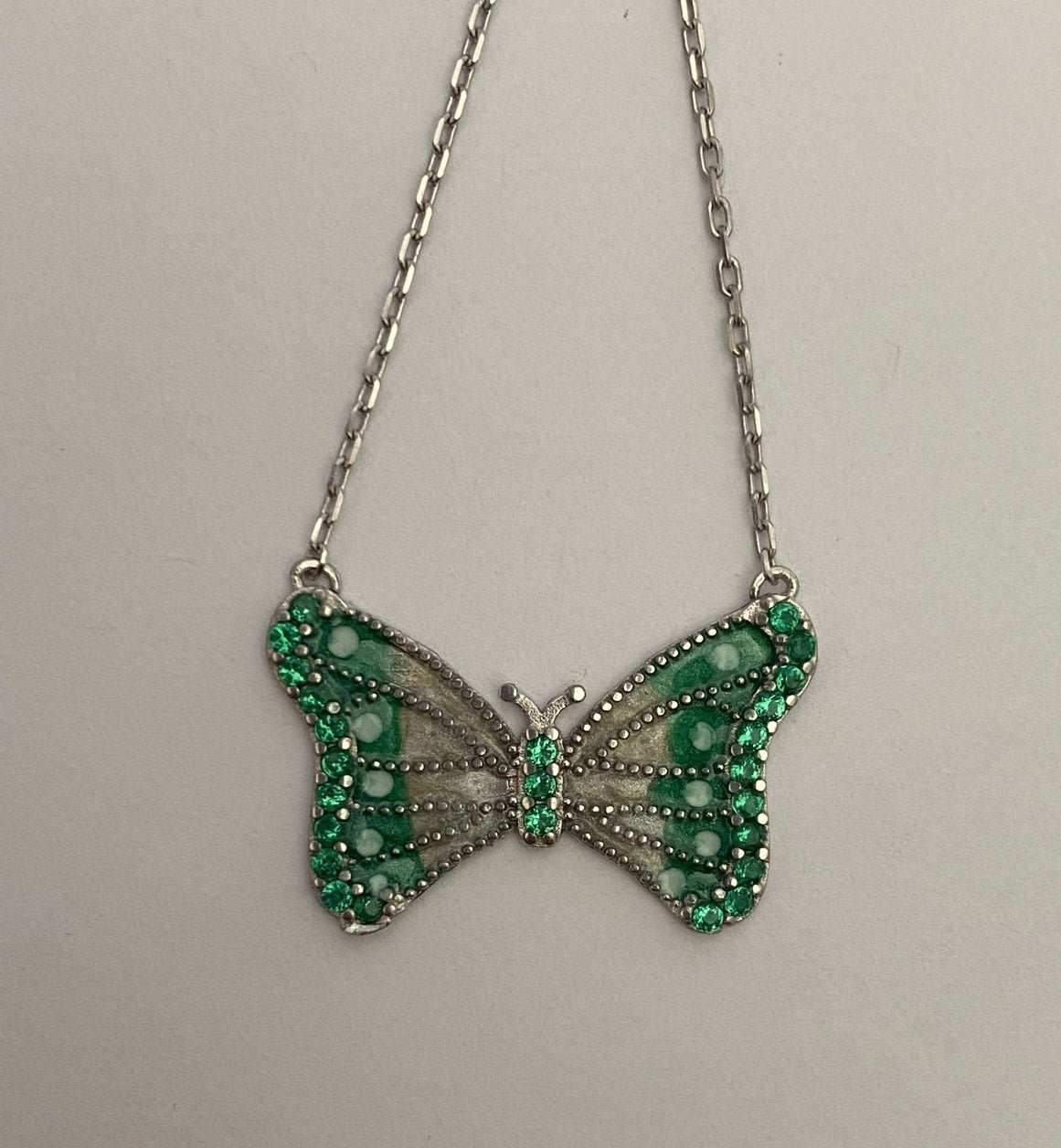 925 Silver butterfly necklace cz stones and green white handmade enamel