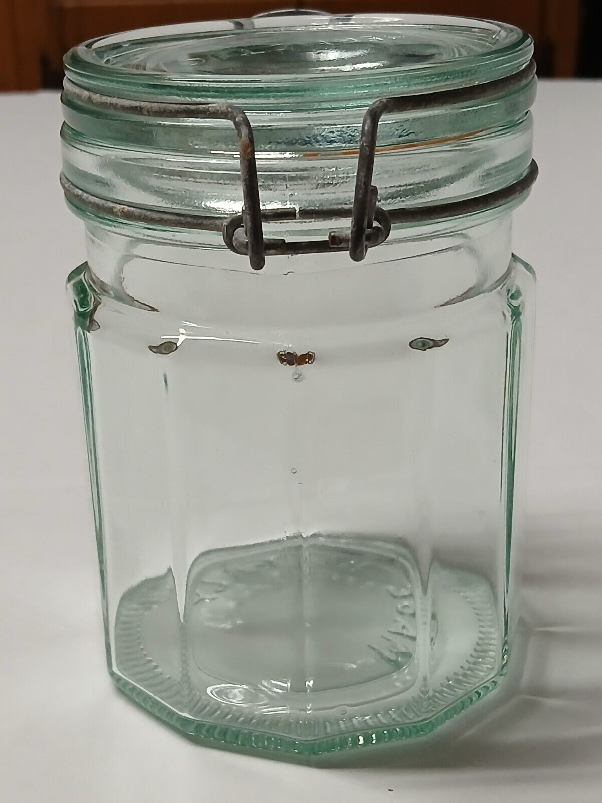 Hermetic Made in Italy Green Glass 12 Panel Storage Jar 5.5 Wire Bail Lid