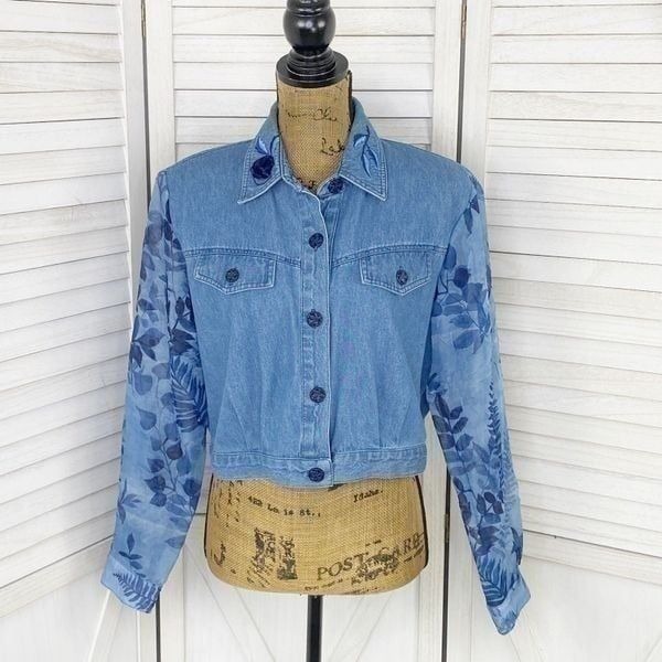 Nancy Bolen City Girl Embroidered Chambray Sheer Sleeve Crop Shacket Blue 10P