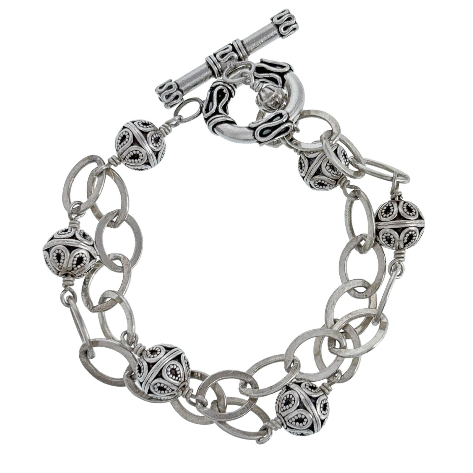 Vintage Sterling Silver 925 44.3 Gram Bali Inspired Link Toggle Bracelet 8