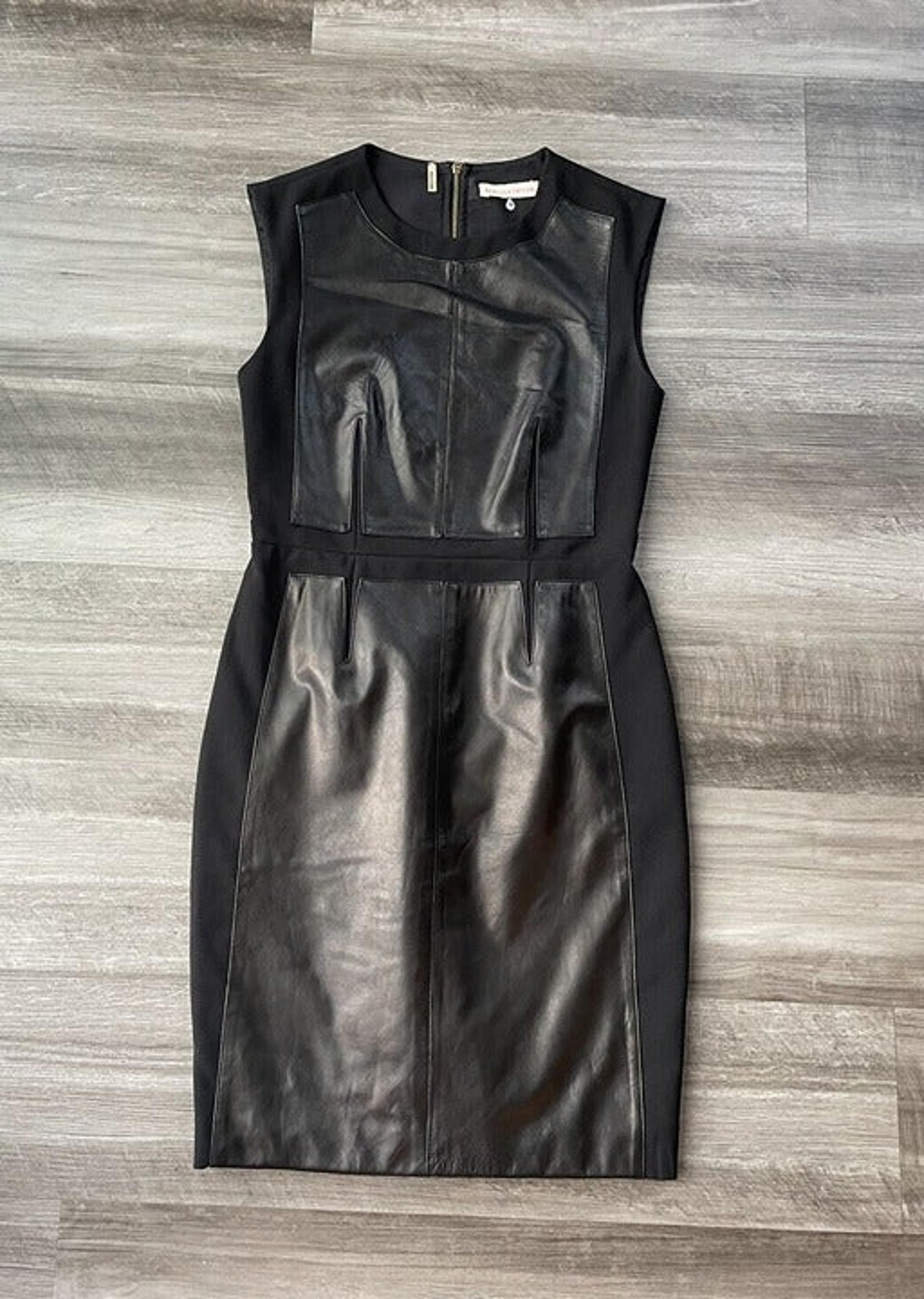 Rebecca Taylor Black Leather Panel Sheath Dress Size 4 Zip Sleeveless B1