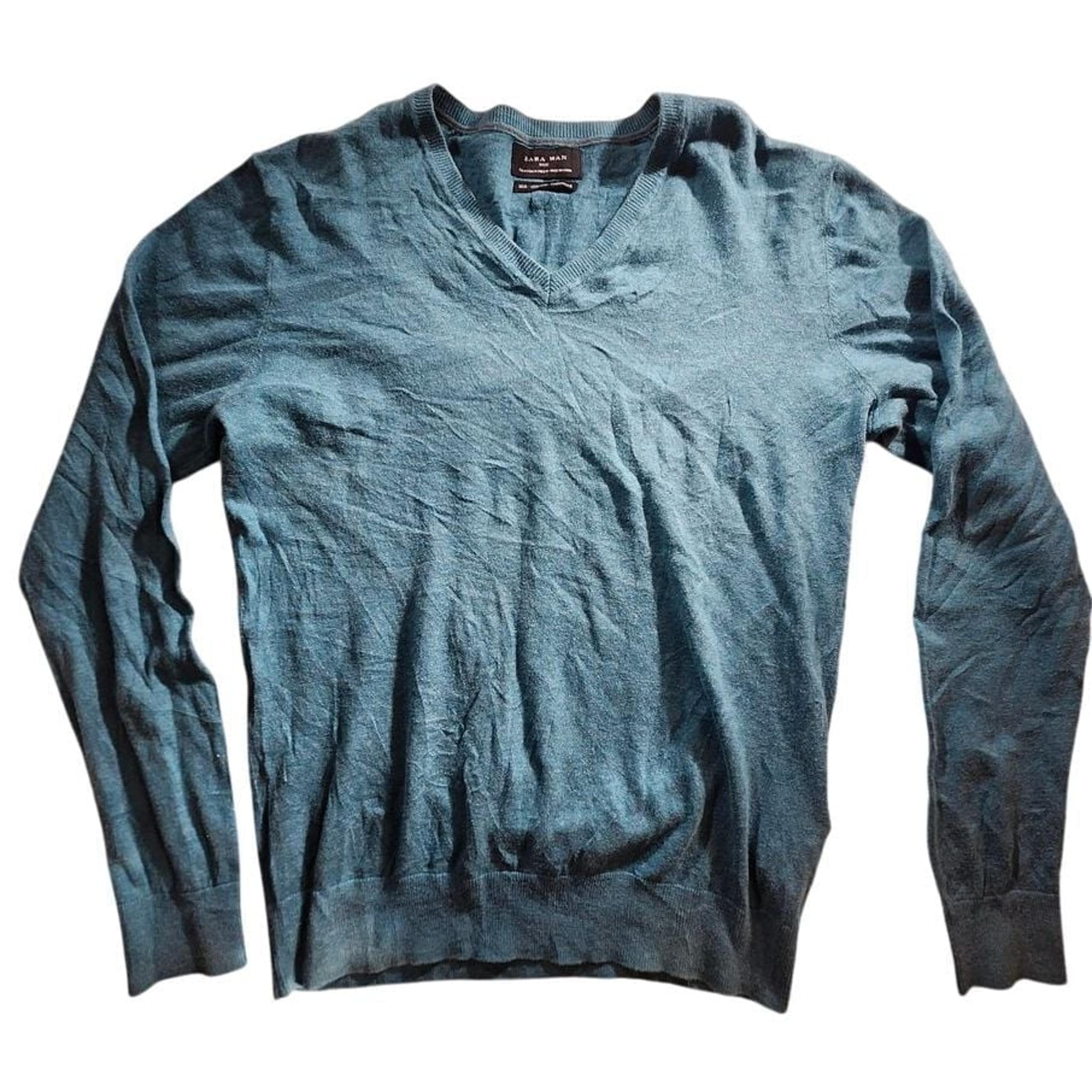 Zara Man Basic Luxury Silk Cashmere Blend V-Neck Sweater Blue Size M