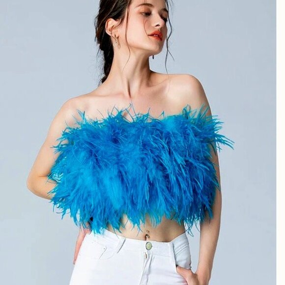 CHIC & SEXY100% OSTRICH FEATHERS BANDEAU CROP TOP in Blue